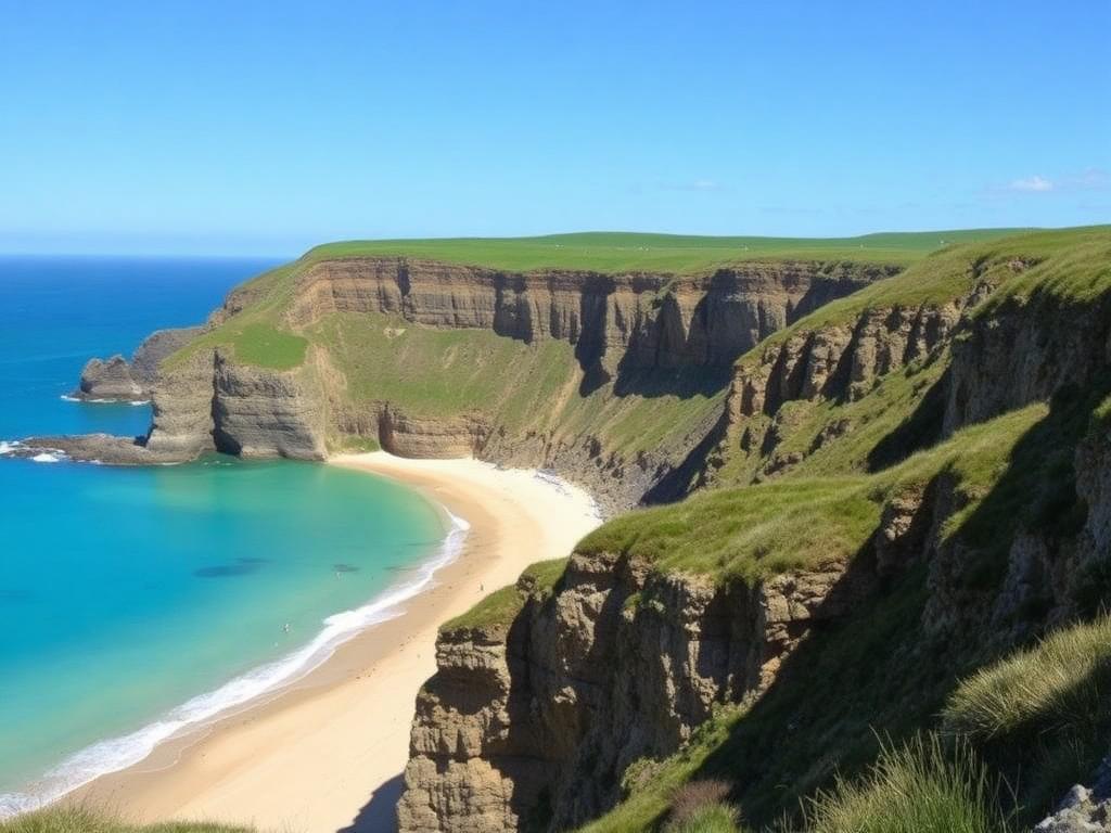 Acantilados verdes y playa de arena en la costa asturiana