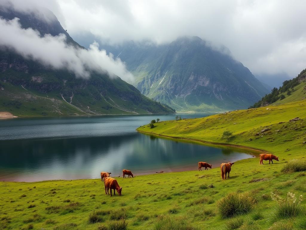 Lagos de Covadonga con vacas pastando y montañas al fondo